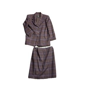 Vtg Linda Allard Ellen Tracy Women Brown Plaid Wool 2 Pc Skirt Suit Set Size 12P